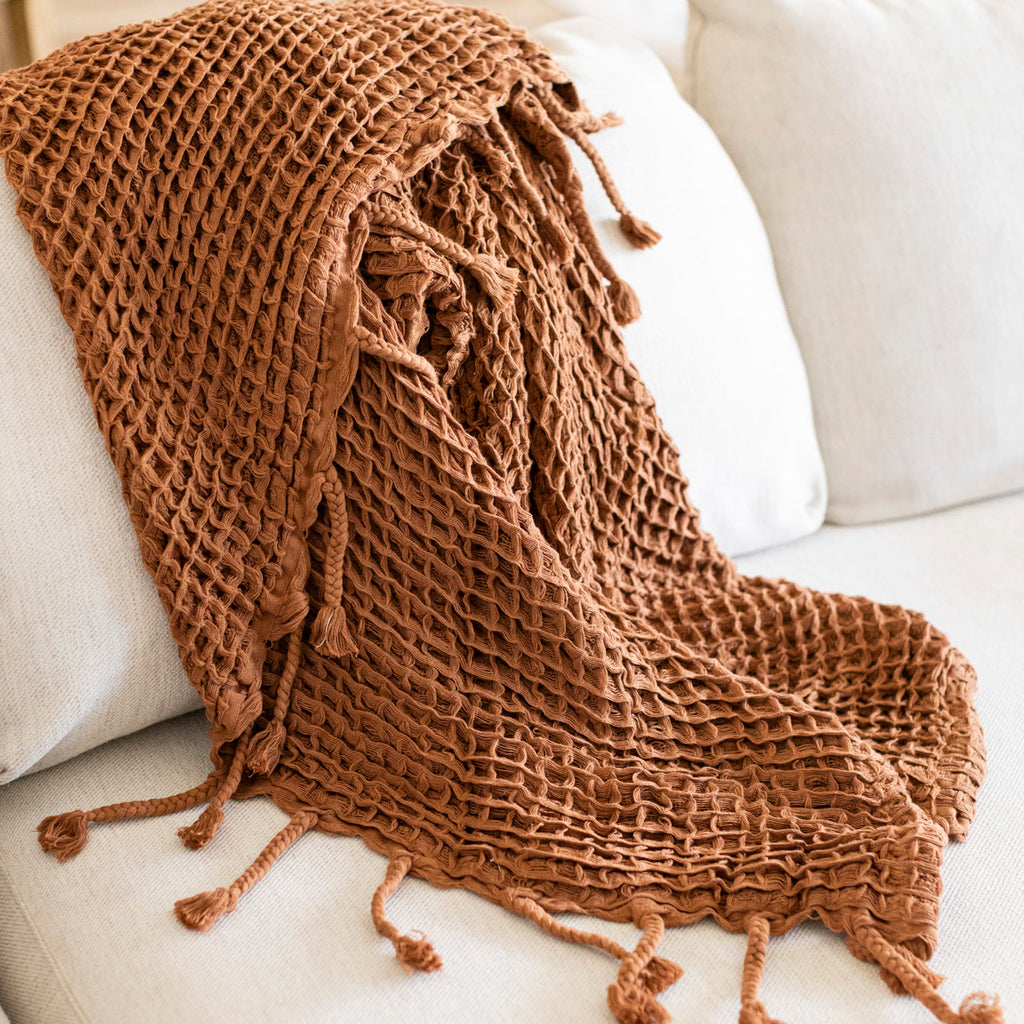 Soft Cozy Waffle Cotton Throw Blanket For Sofa & Bed | Brick